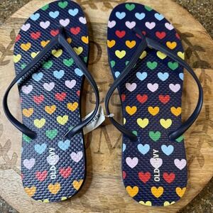 Old Navy Sandals Womens Size 9 Blue Heart Print Flip Flops Summer Beach Comfort